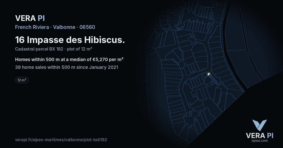 16 Impasse des Hibiscus, Valbonne at night – the plot lit, the parcels around coloured by the prices near them