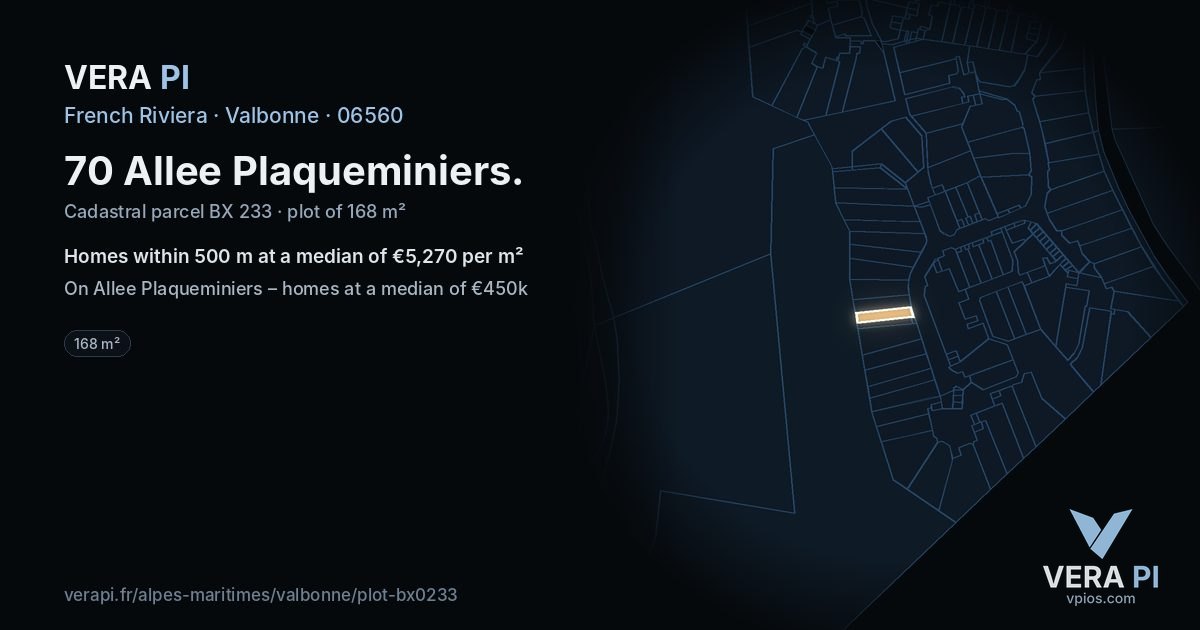 70 Allee Plaqueminiers, Valbonne at night – the plot lit, the parcels around coloured by the prices near them