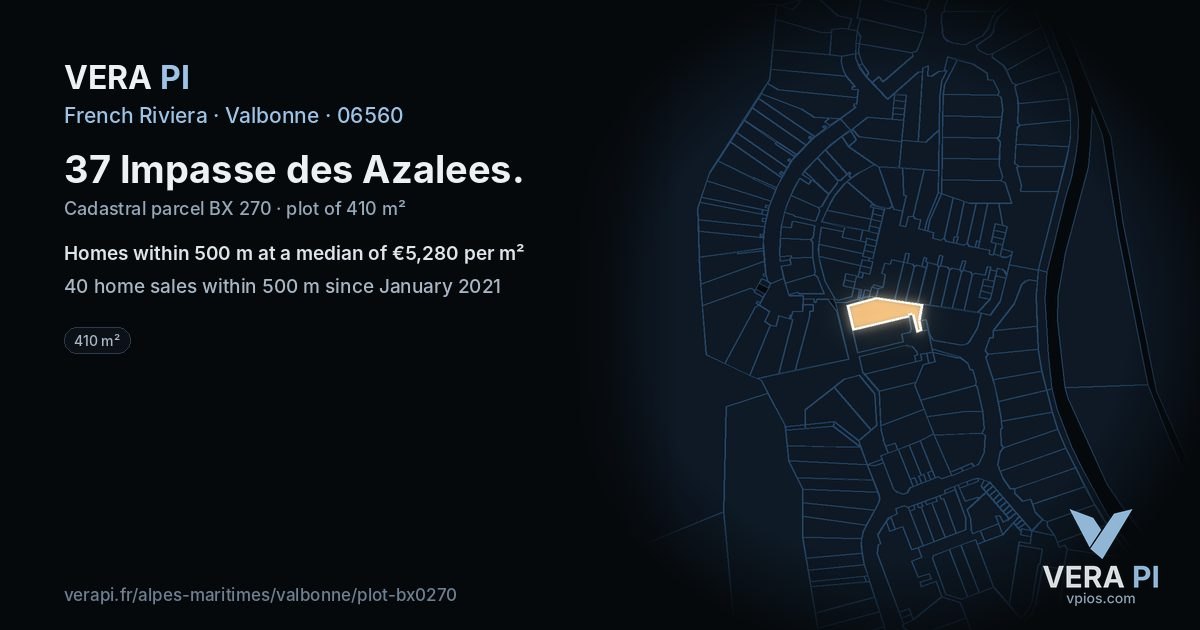 37 Impasse des Azalees, Valbonne at night – the plot lit, the parcels around coloured by the prices near them