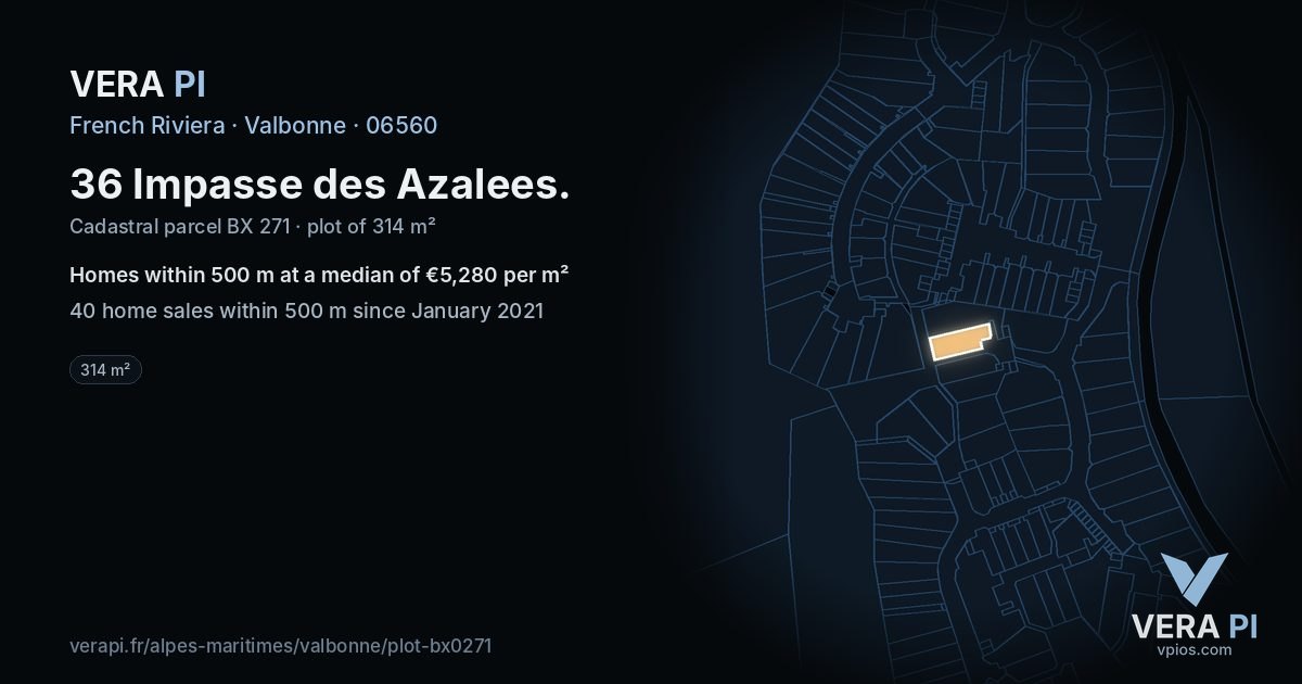 36 Impasse des Azalees, Valbonne at night – the plot lit, the parcels around coloured by the prices near them