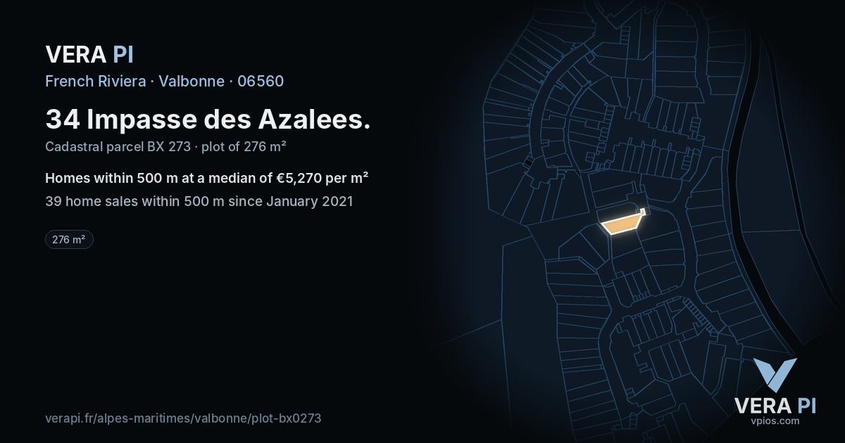 34 Impasse des Azalees, Valbonne at night – the plot lit, the parcels around coloured by the prices near them