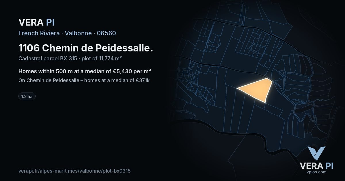1106 Chemin de Peidessalle, Valbonne at night – the plot lit, the parcels around coloured by the prices near them