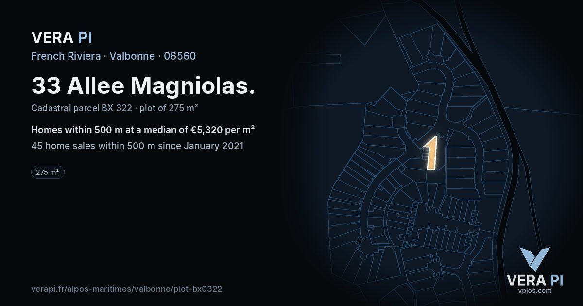 33 Allee Magniolas, Valbonne at night – the plot lit, the parcels around coloured by the prices near them