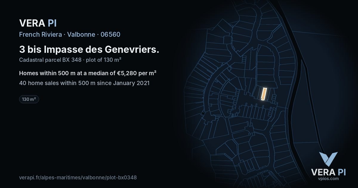 3 bis Impasse des Genevriers, Valbonne at night – the plot lit, the parcels around coloured by the prices near them