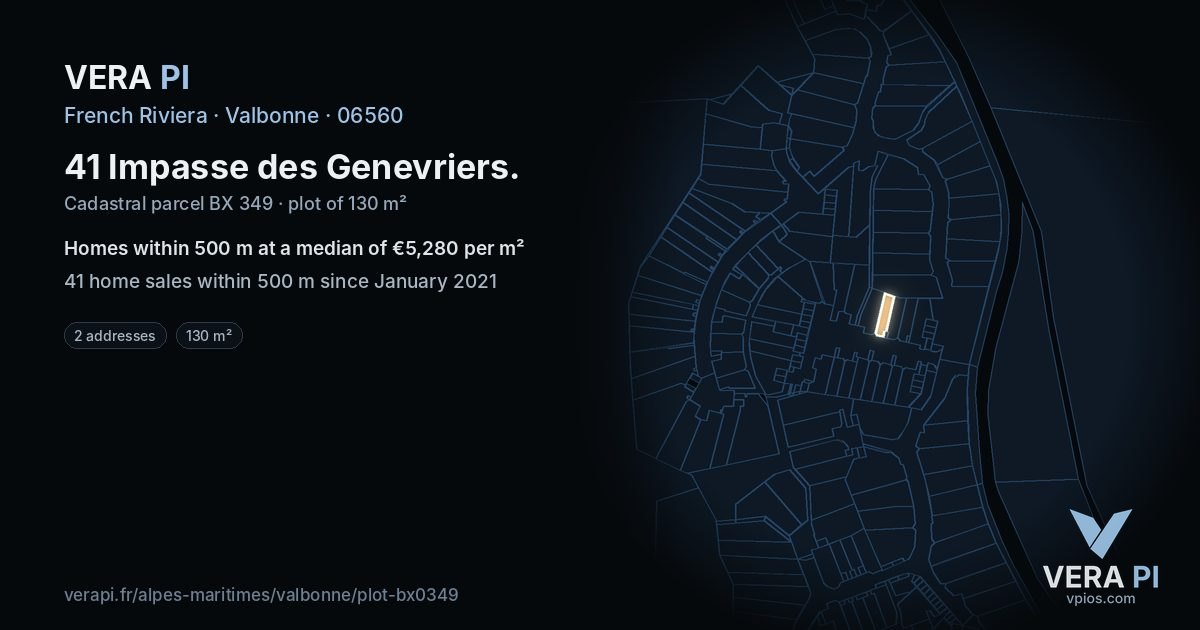 41 Impasse des Genevriers, Valbonne at night – the plot lit, the parcels around coloured by the prices near them