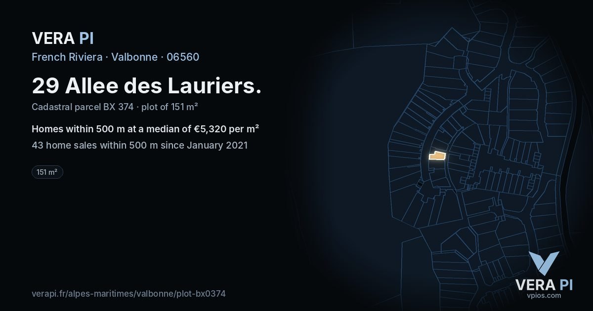 29 Allee des Lauriers, Valbonne at night – the plot lit, the parcels around coloured by the prices near them