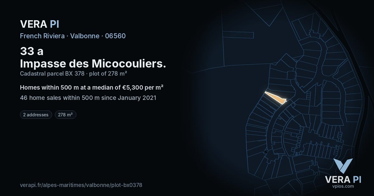 33 a Impasse des Micocouliers, Valbonne at night – the plot lit, the parcels around coloured by the prices near them
