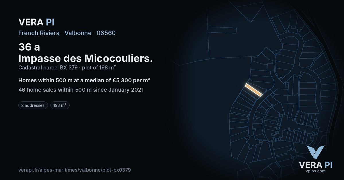 36 a Impasse des Micocouliers, Valbonne at night – the plot lit, the parcels around coloured by the prices near them
