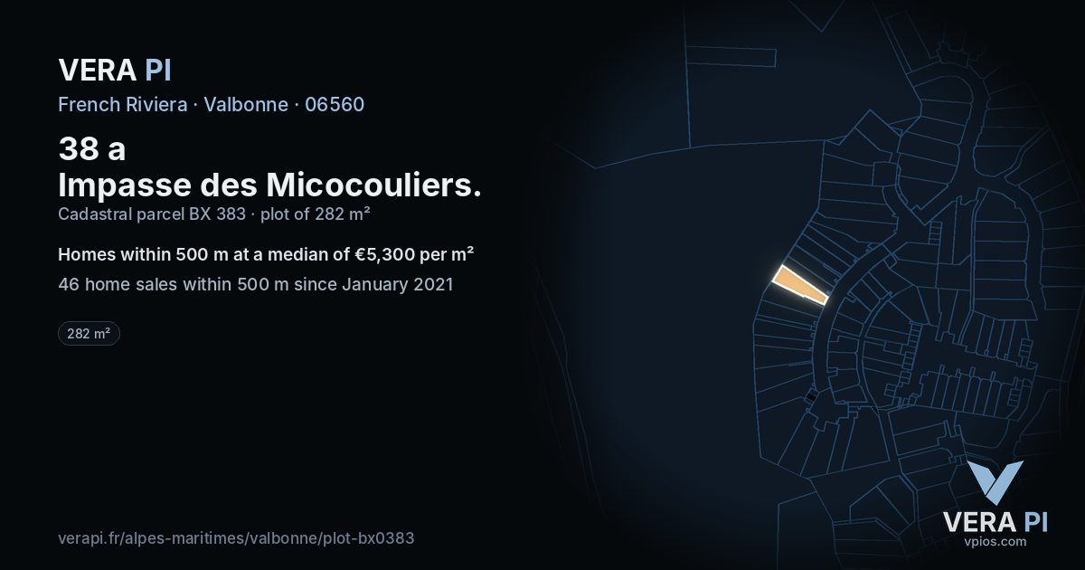 38 a Impasse des Micocouliers, Valbonne at night – the plot lit, the parcels around coloured by the prices near them