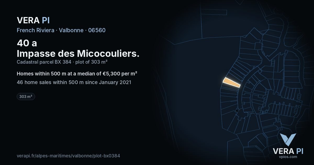 40 a Impasse des Micocouliers, Valbonne at night – the plot lit, the parcels around coloured by the prices near them
