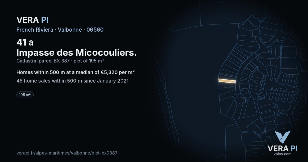 41 a Impasse des Micocouliers, Valbonne at night – the plot lit, the parcels around coloured by the prices near them