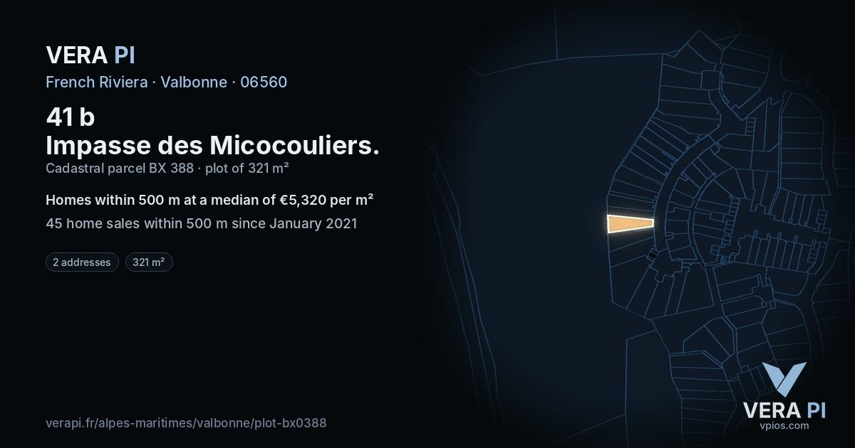 41 b Impasse des Micocouliers, Valbonne at night – the plot lit, the parcels around coloured by the prices near them
