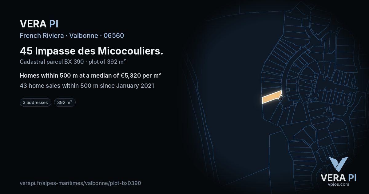 45 Impasse des Micocouliers, Valbonne at night – the plot lit, the parcels around coloured by the prices near them