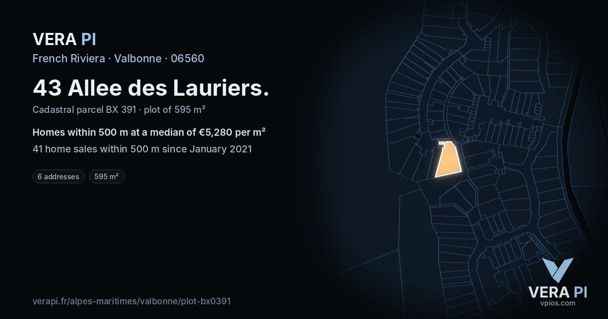 43 Allee des Lauriers, Valbonne at night – the plot lit, the parcels around coloured by the prices near them
