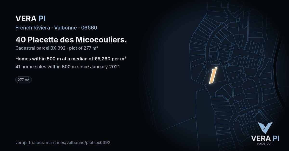 40 Placette des Micocouliers, Valbonne at night – the plot lit, the parcels around coloured by the prices near them