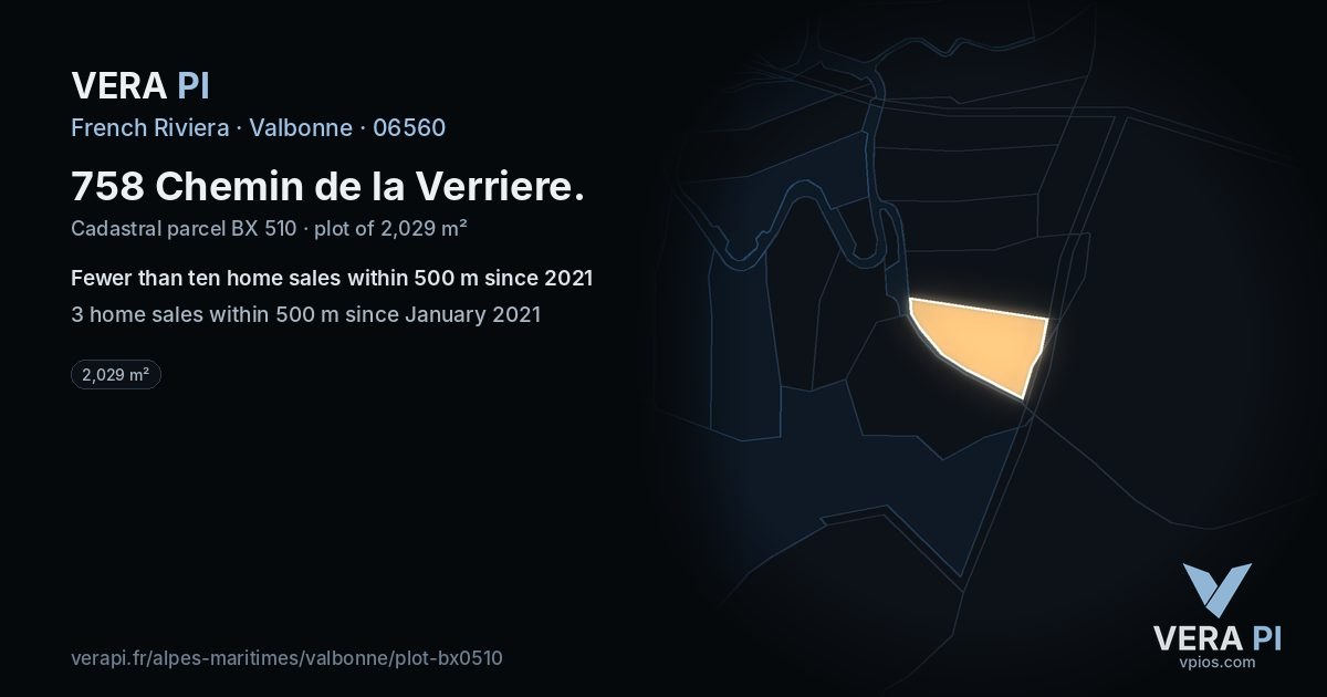 758 Chemin de la Verriere, Valbonne at night – the plot lit, the parcels around coloured by the prices near them