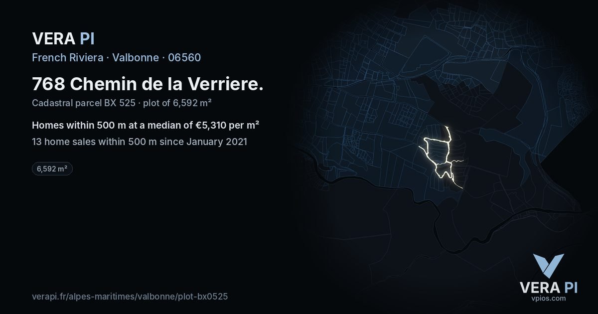 768 Chemin de la Verriere, Valbonne at night – the plot lit, the parcels around coloured by the prices near them