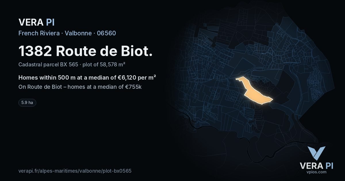 1382 Route de Biot, Valbonne at night – the plot lit, the parcels around coloured by the prices near them