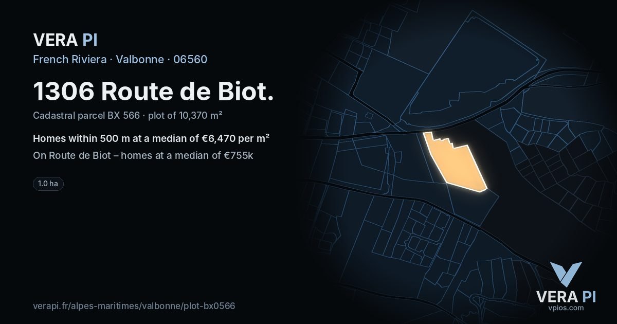 1306 Route de Biot, Valbonne at night – the plot lit, the parcels around coloured by the prices near them