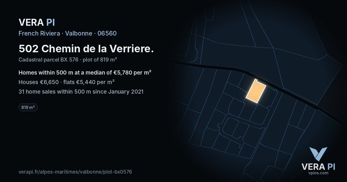502 Chemin de la Verriere, Valbonne at night – the plot lit, the parcels around coloured by the prices near them