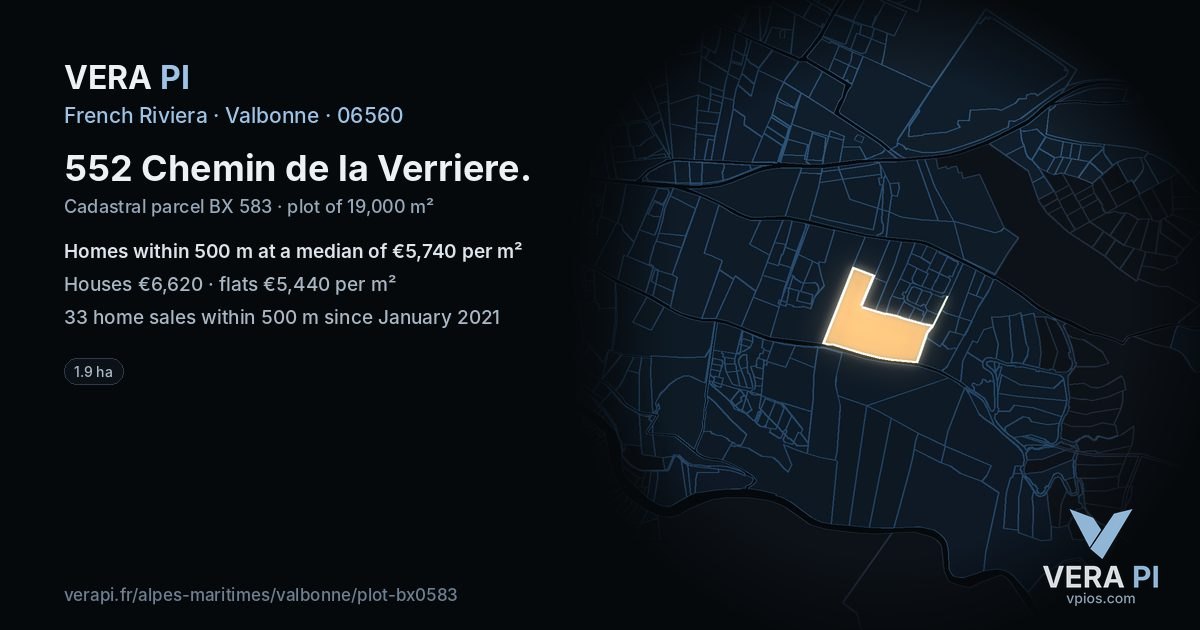 552 Chemin de la Verriere, Valbonne at night – the plot lit, the parcels around coloured by the prices near them