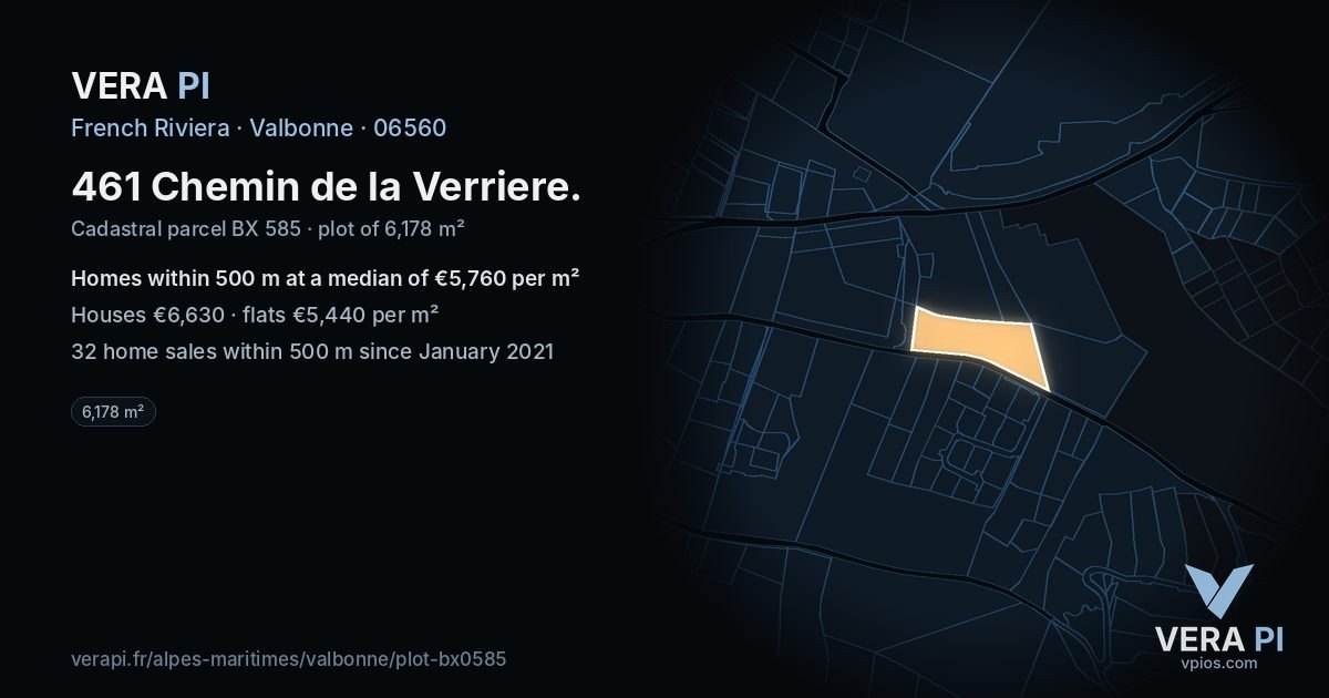 461 Chemin de la Verriere, Valbonne at night – the plot lit, the parcels around coloured by the prices near them