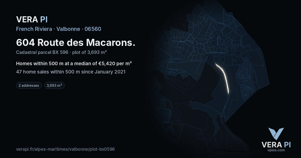 604 Route des Macarons, Valbonne at night – the plot lit, the parcels around coloured by the prices near them