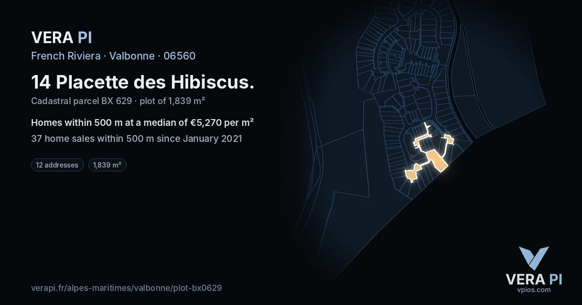 14 Placette des Hibiscus, Valbonne at night – the plot lit, the parcels around coloured by the prices near them