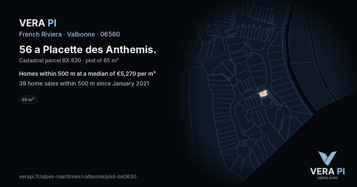 56 a Placette des Anthemis, Valbonne at night – the plot lit, the parcels around coloured by the prices near them