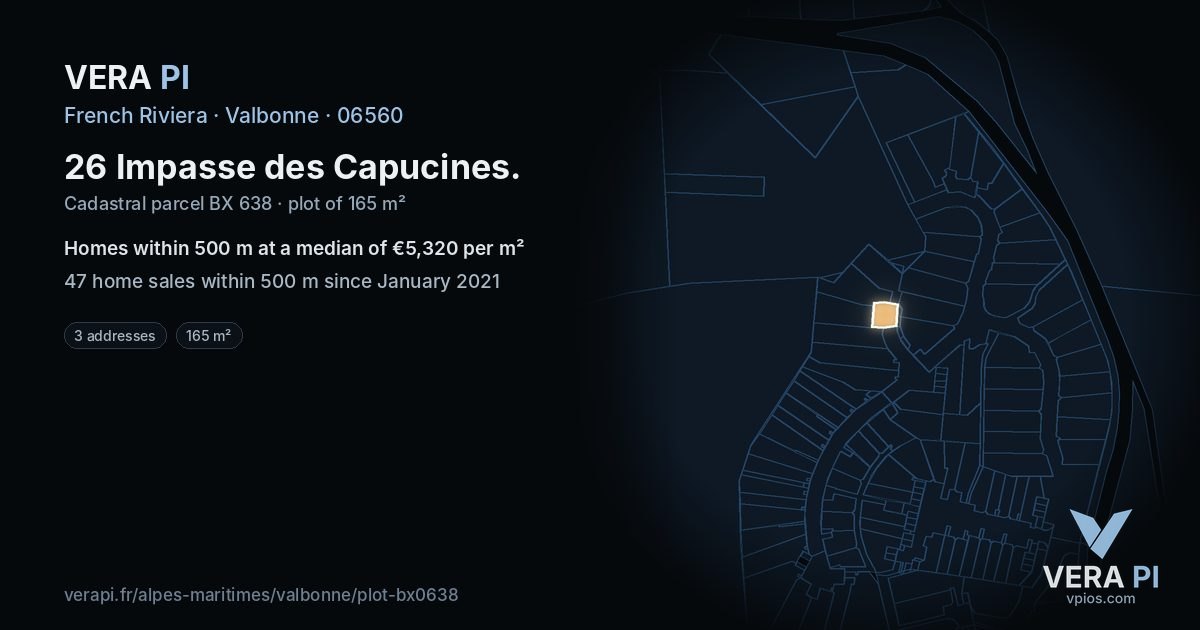 26 Impasse des Capucines, Valbonne at night – the plot lit, the parcels around coloured by the prices near them