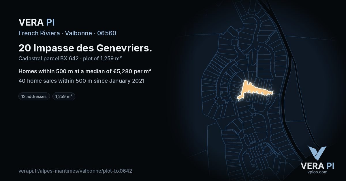 20 Impasse des Genevriers, Valbonne at night – the plot lit, the parcels around coloured by the prices near them