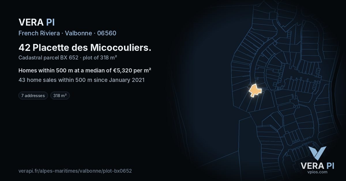 42 Placette des Micocouliers, Valbonne at night – the plot lit, the parcels around coloured by the prices near them