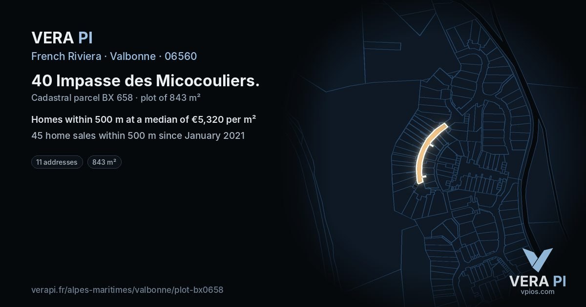 40 Impasse des Micocouliers, Valbonne at night – the plot lit, the parcels around coloured by the prices near them