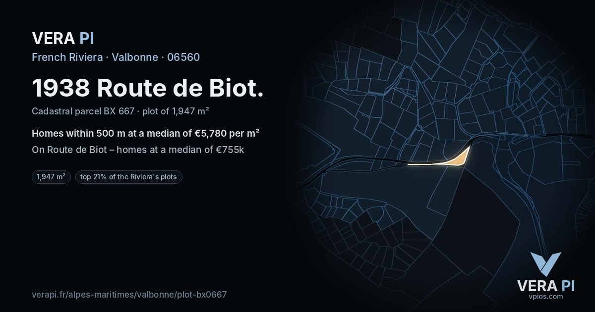 1938 Route de Biot, Valbonne at night – the plot lit, the parcels around coloured by the prices near them