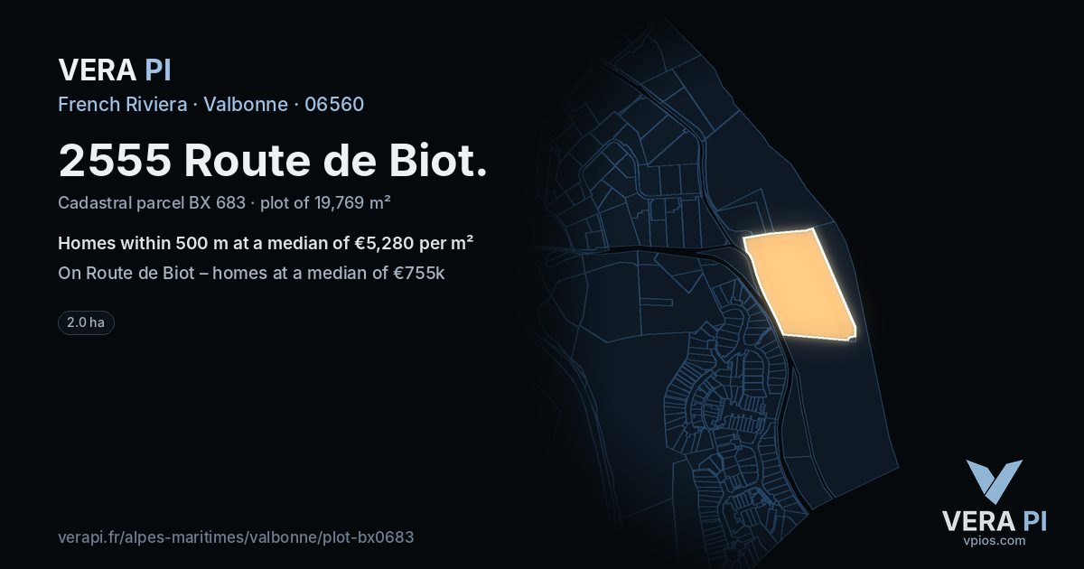 2555 Route de Biot, Valbonne at night – the plot lit, the parcels around coloured by the prices near them