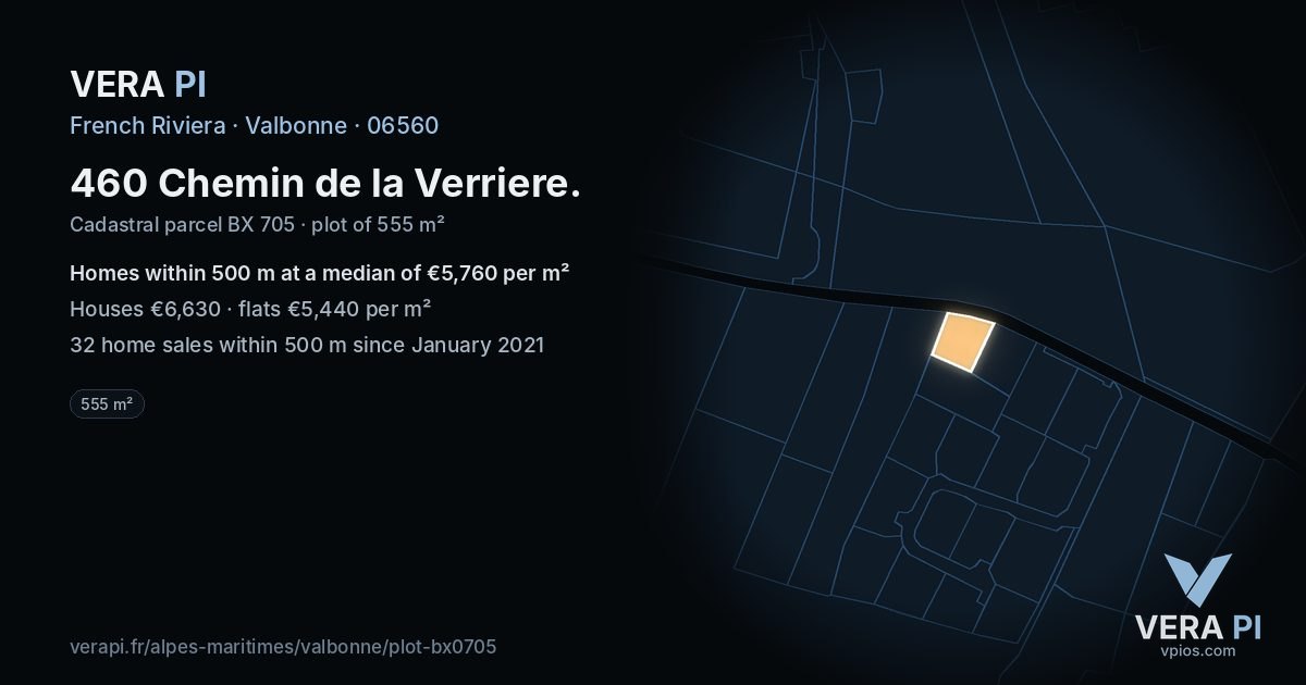 460 Chemin de la Verriere, Valbonne at night – the plot lit, the parcels around coloured by the prices near them