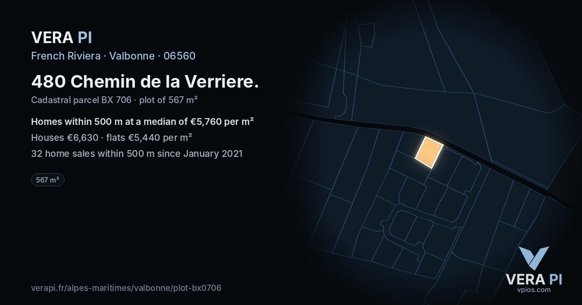 480 Chemin de la Verriere, Valbonne at night – the plot lit, the parcels around coloured by the prices near them