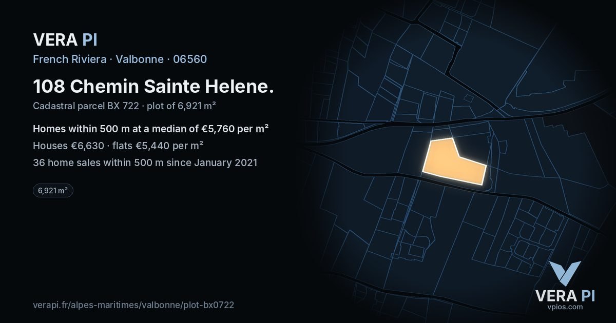108 Chemin Sainte Helene, Valbonne at night – the plot lit, the parcels around coloured by the prices near them
