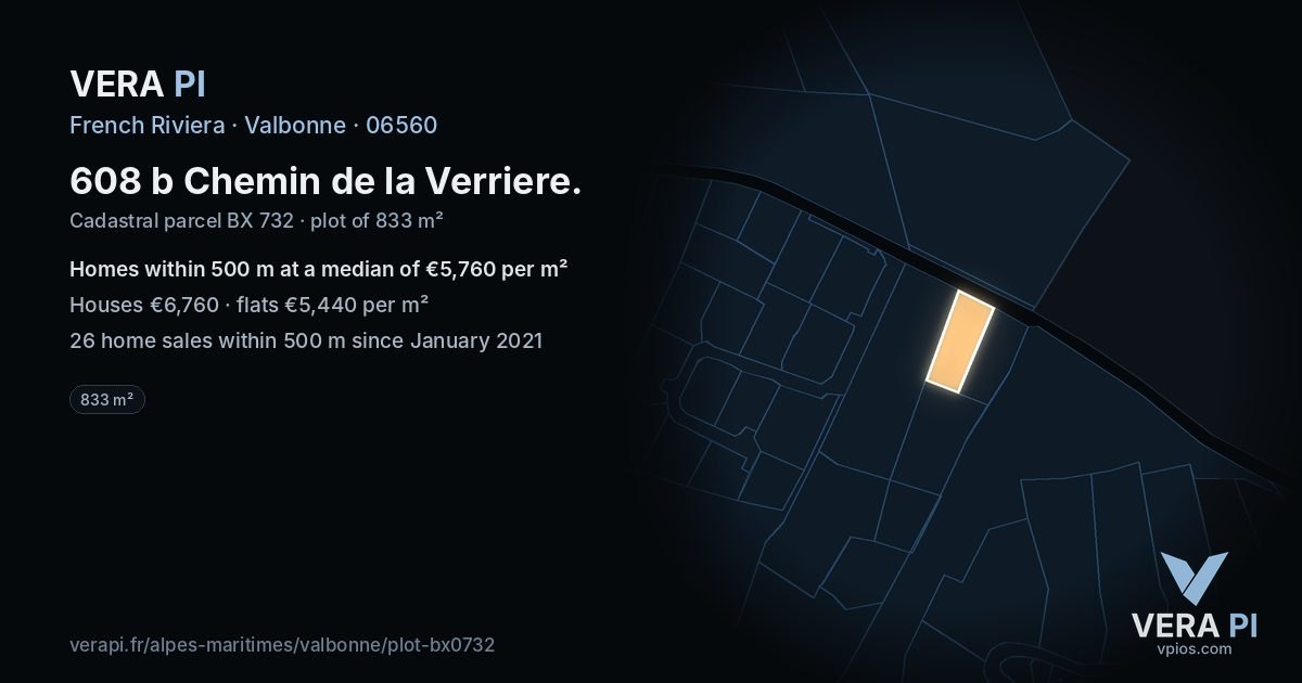 608 b Chemin de la Verriere, Valbonne at night – the plot lit, the parcels around coloured by the prices near them