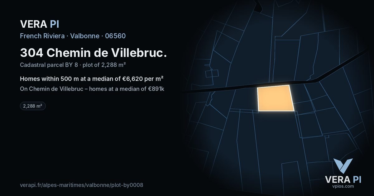 304 Chemin de Villebruc, Valbonne at night – the plot lit, the parcels around coloured by the prices near them