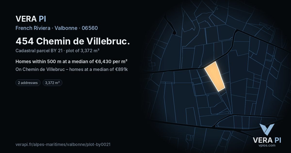 454 Chemin de Villebruc, Valbonne at night – the plot lit, the parcels around coloured by the prices near them