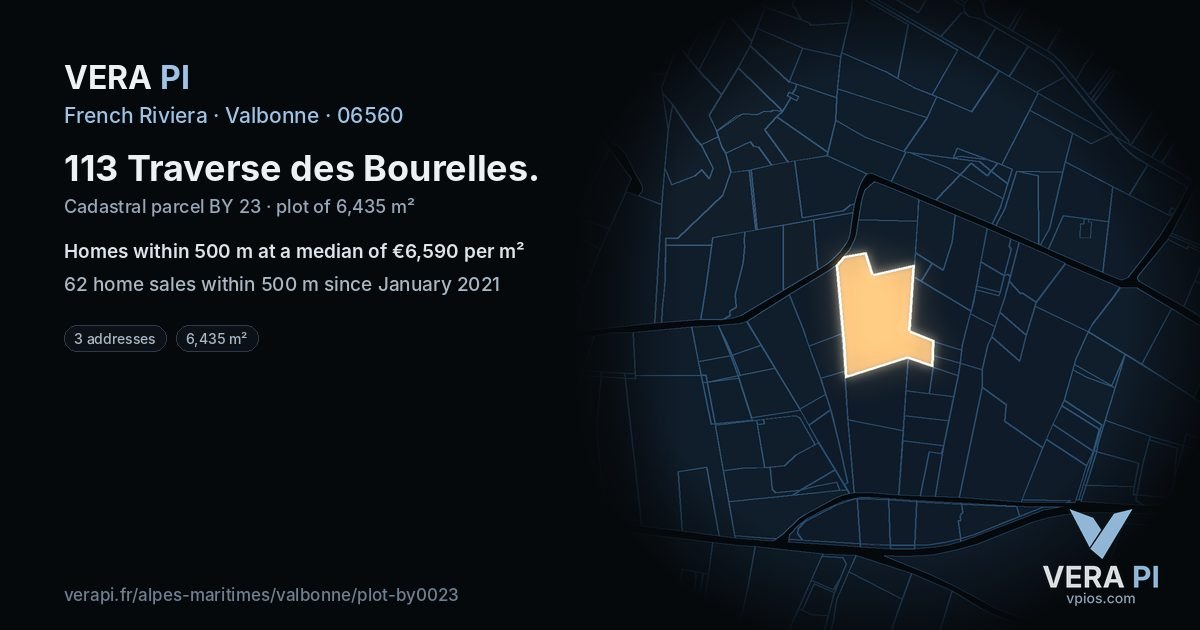113 Traverse des Bourelles, Valbonne at night – the plot lit, the parcels around coloured by the prices near them