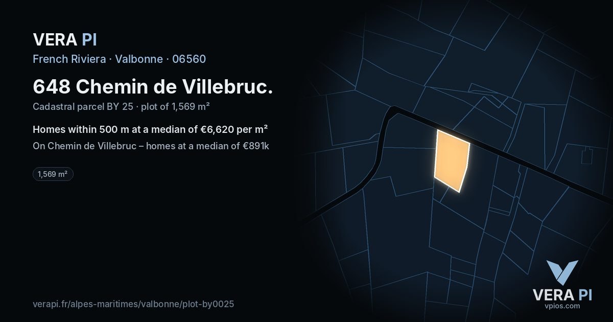 648 Chemin de Villebruc, Valbonne at night – the plot lit, the parcels around coloured by the prices near them
