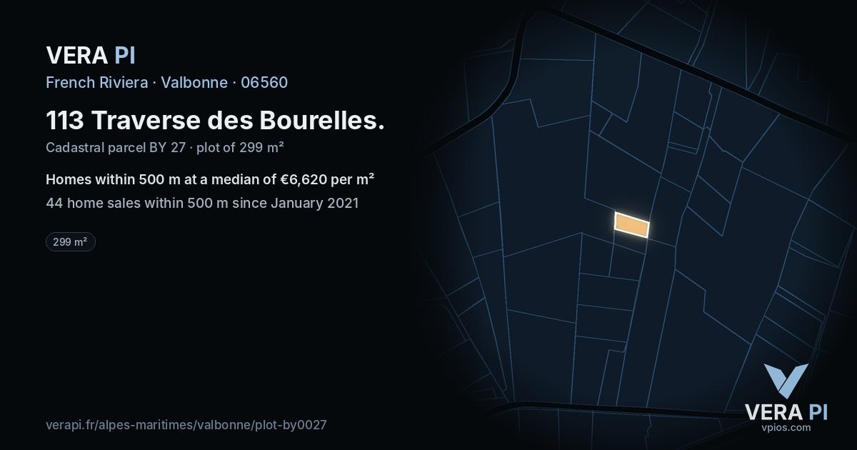 113 Traverse des Bourelles, Valbonne at night – the plot lit, the parcels around coloured by the prices near them