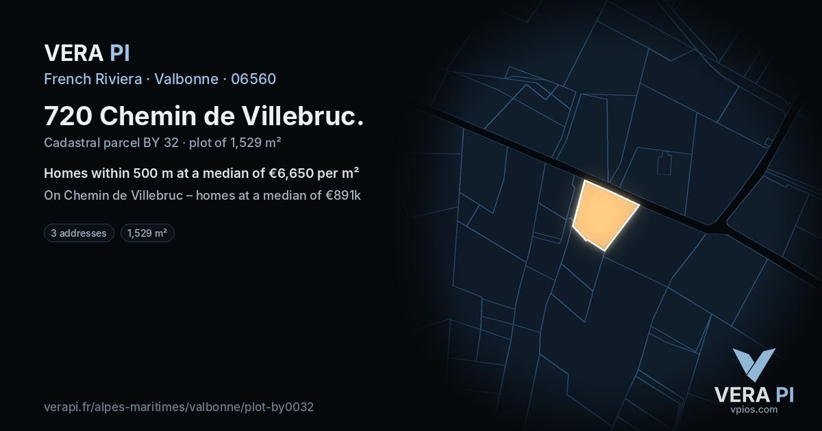 720 Chemin de Villebruc, Valbonne at night – the plot lit, the parcels around coloured by the prices near them