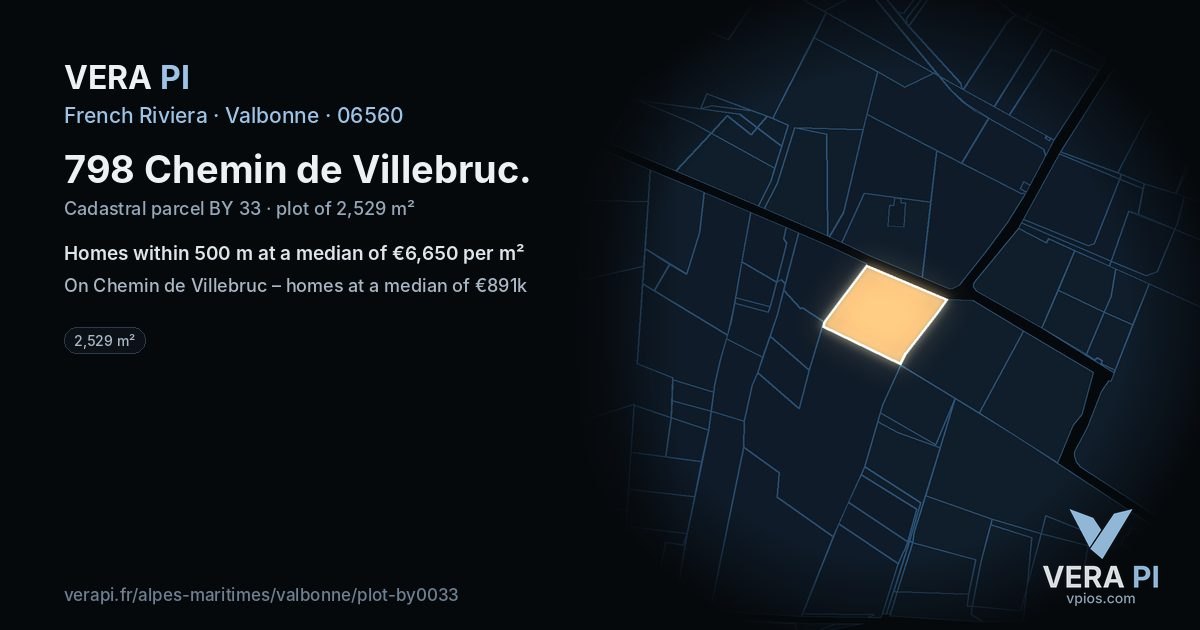 798 Chemin de Villebruc, Valbonne at night – the plot lit, the parcels around coloured by the prices near them