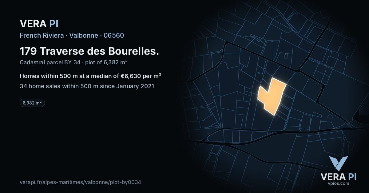 179 Traverse des Bourelles, Valbonne at night – the plot lit, the parcels around coloured by the prices near them