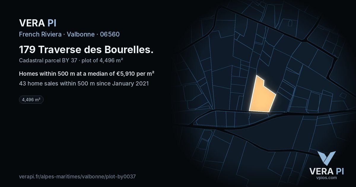 179 Traverse des Bourelles, Valbonne at night – the plot lit, the parcels around coloured by the prices near them