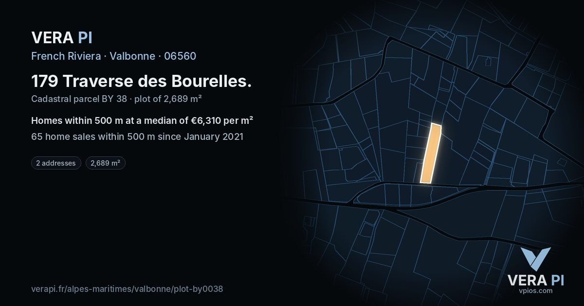 179 Traverse des Bourelles, Valbonne at night – the plot lit, the parcels around coloured by the prices near them