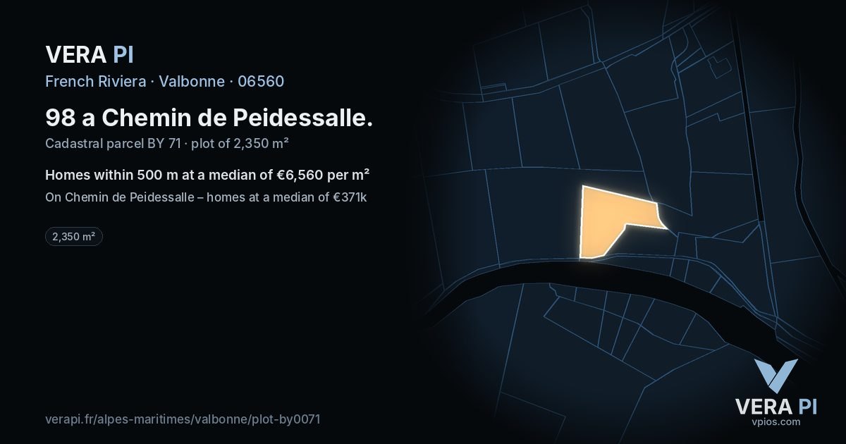 98 a Chemin de Peidessalle, Valbonne at night – the plot lit, the parcels around coloured by the prices near them
